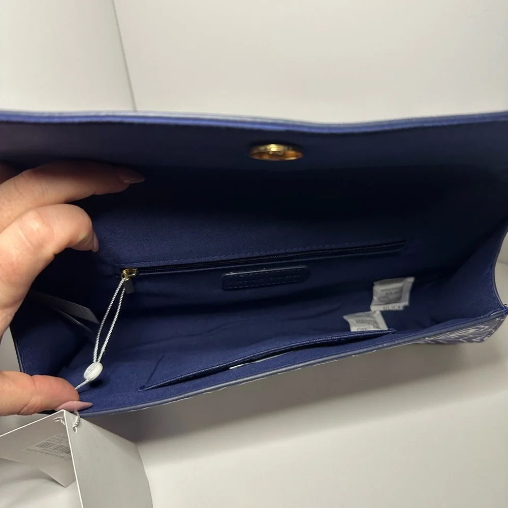 Trina Turk New Medallion Herringbone Blue & White Faux Envelope Leather Clutch